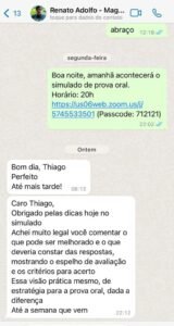 Aluno agradece feedback após simulado de prova oral