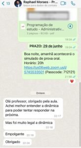 Aluno elogia dinâmica de simulado de prova oral
