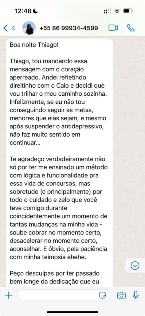 Aluna agradece mentor mesmo decidindo pausar os estudos