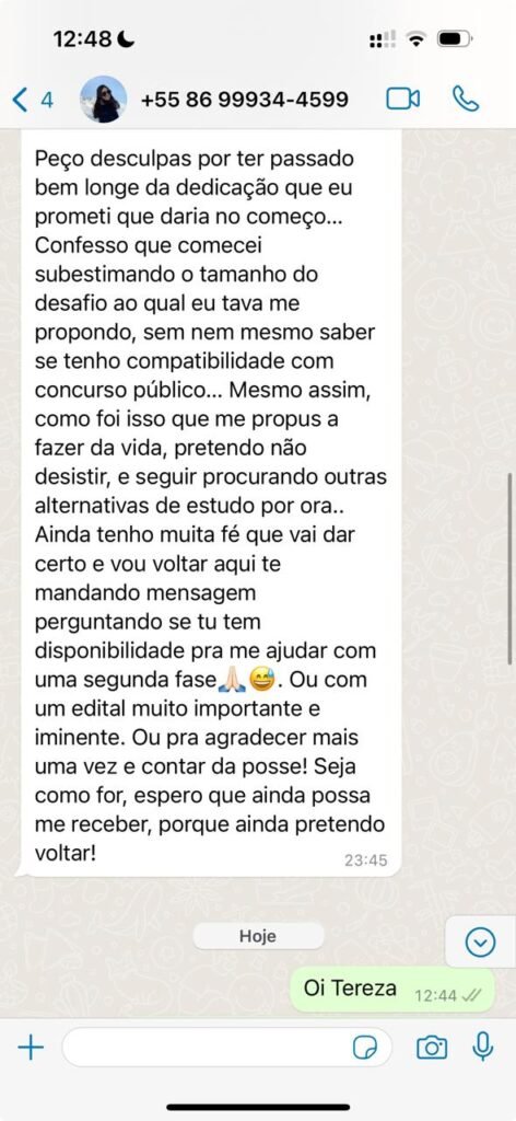 Continuação: aluna agradece e diz que pode voltar