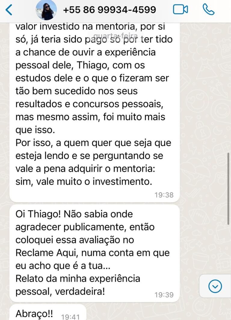 Aluna recomenda a mentoria publicamente após relato