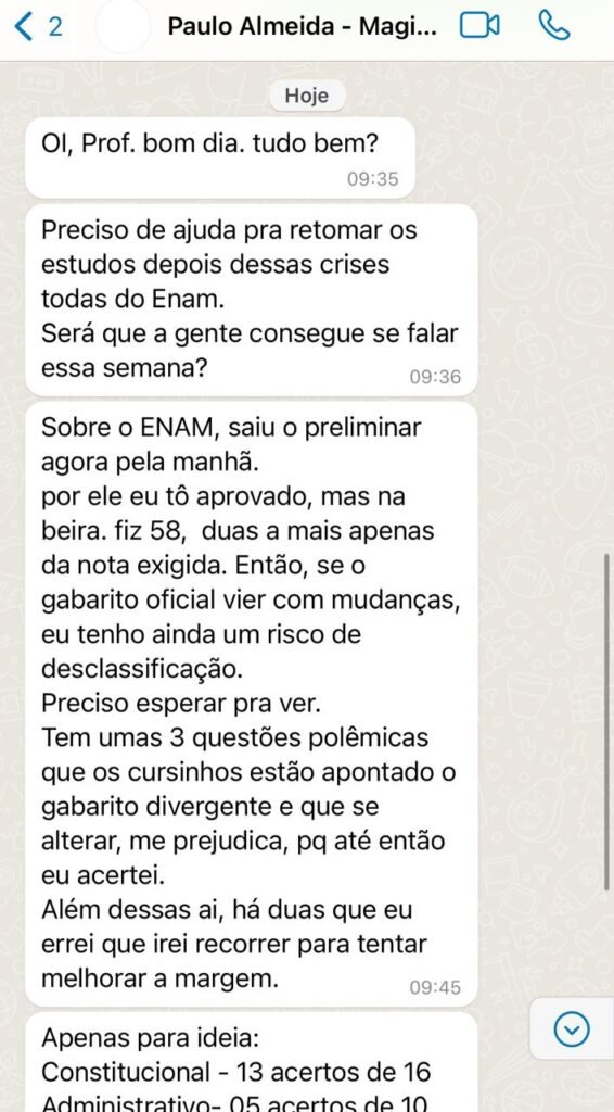 Aluno Paulo relata resultado preliminar apertado no ENAM
