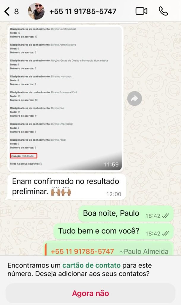 Aluno Paulo confirma habilitação no resultado preliminar ENAM