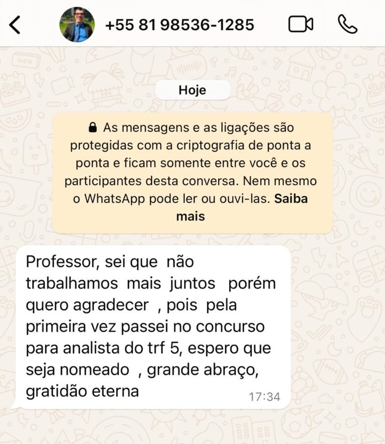 Aluno agradece por ter passado no concurso do TRF5