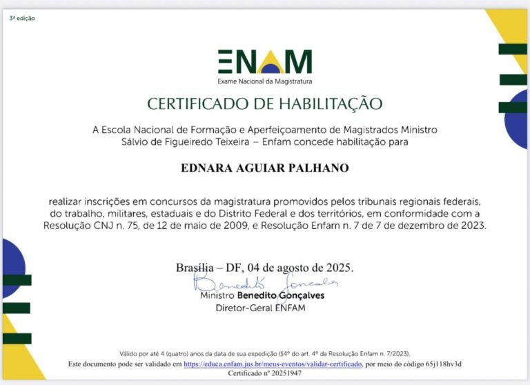 Certificado de habilitação no Enam de Ednara