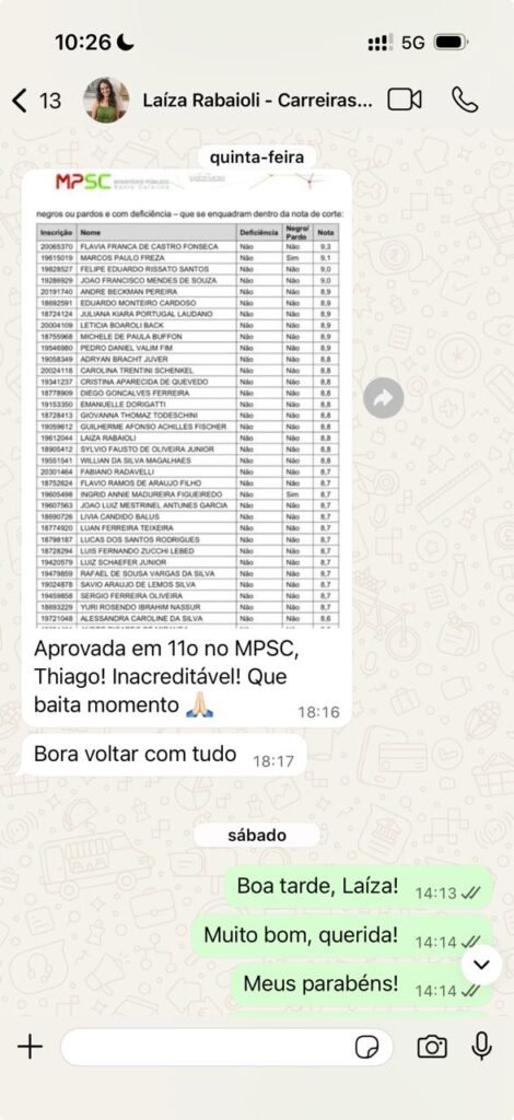 Laíza aprovada em 11º lugar no MPSC