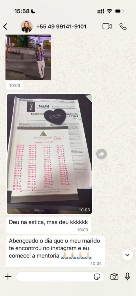 Aluna agradece início da mentoria, aprovada no ENAM