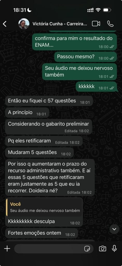 Victória relata nervosismo aguardando resultado do ENAM
