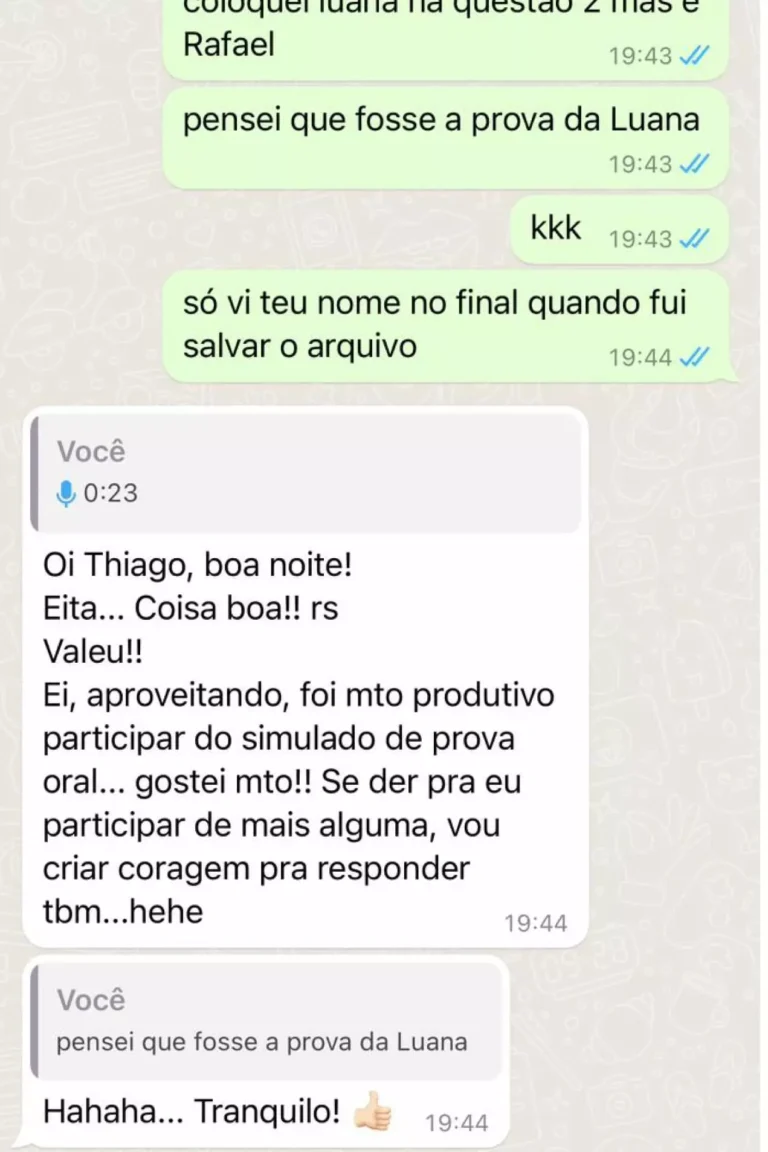 Aluna elogia produtividade do simulado de prova oral