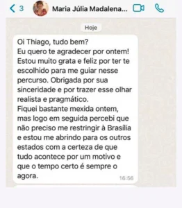 Maria Júlia agradece orientação sincera e realista do mentor