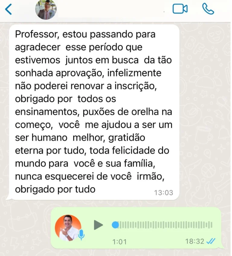 Aluno agradece mentoria mesmo sem renovar inscrição