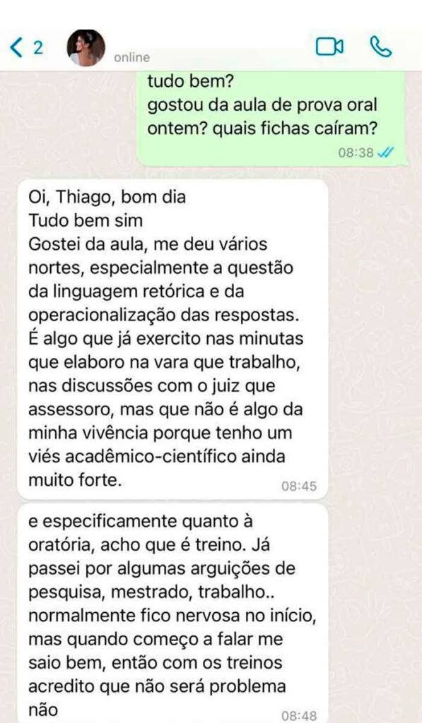 Aluno relata gratidão pelo método após aula de prova oral
